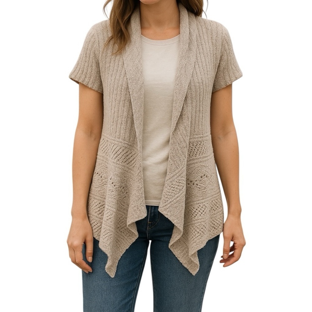 Woolrich XL Dark Stone Beige 100% Cotton Short Sleeve Drape Knitted Cardigan